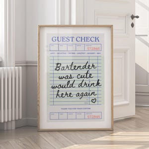 Guest Check Print - Bartender Was Cute Retro Kitchen Printables & Trendy Bar Decor. Guest Check Wall Art Kitchen Wall Art Guest Check Prints