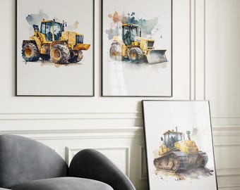 Construction Truck Watercolor Print Set – Boy Nursery Decor (Digital Download)