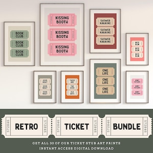 Retro Ticket Wall Art Bundle - 30 Printable Posters | Trendy Digital Prints & Vintage Ticket Stubs