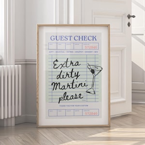 Extra Dirty Martini Print - Retro Guest Check Wall Art Printable Cocktail Poster & Trendy Bar Cart Décor Cocktail Print Martini Art Kitchen