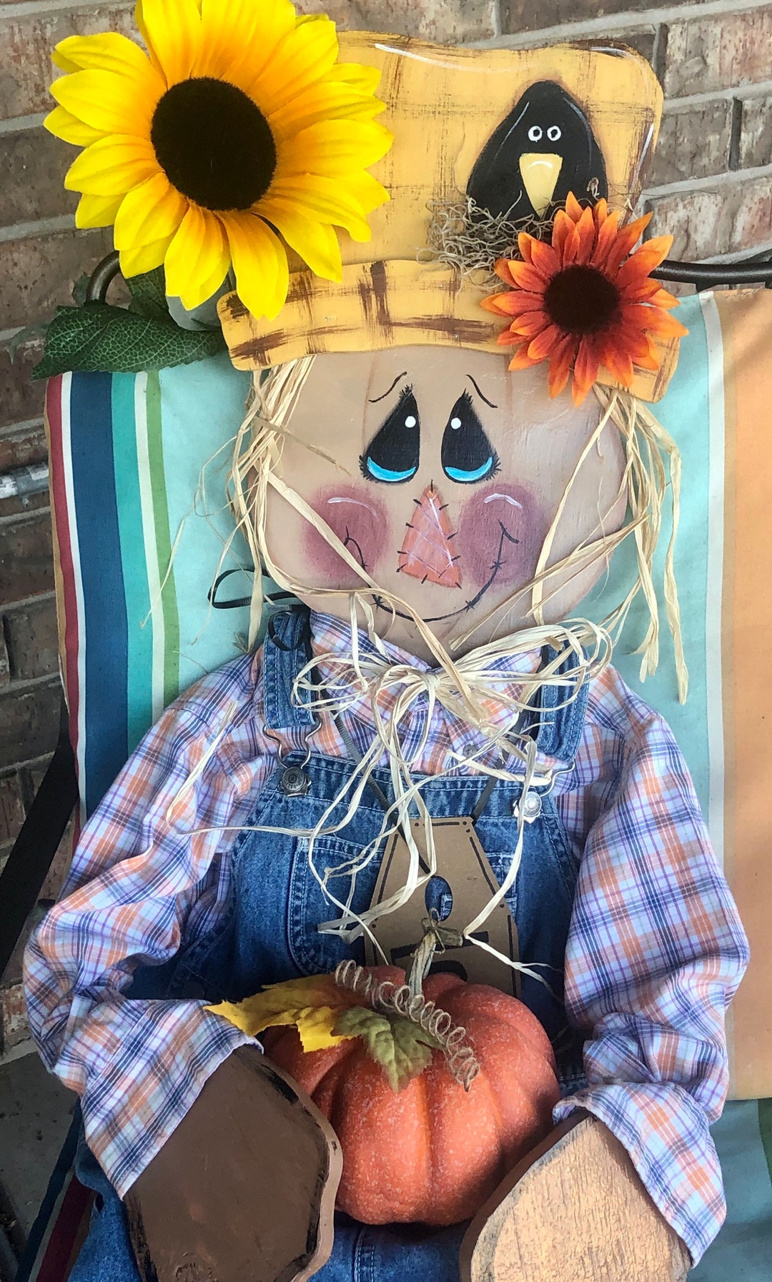 3 Ft Primitive Sitting Scarecrow, Wooden Fall Porch Sitter, Home Decor