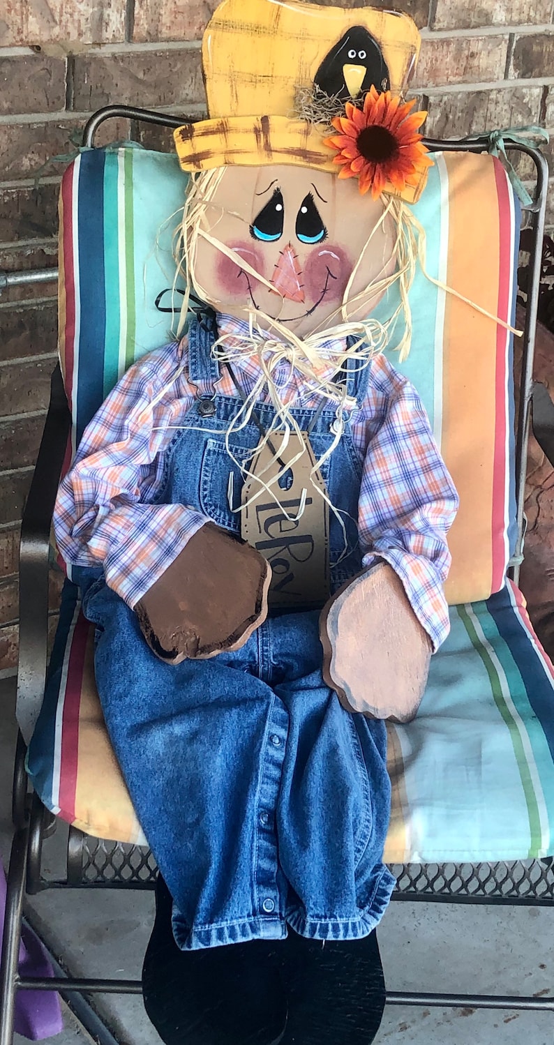 3 Ft Primitive Sitting Scarecrow, Wooden Fall Porch Sitter, Home Decor