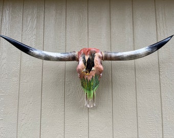 Painted Steer skull with 4' feet 3  1/2" inch wide horns ( EAGLE flying over the Forest ) cow bull head authentic Western Decoration