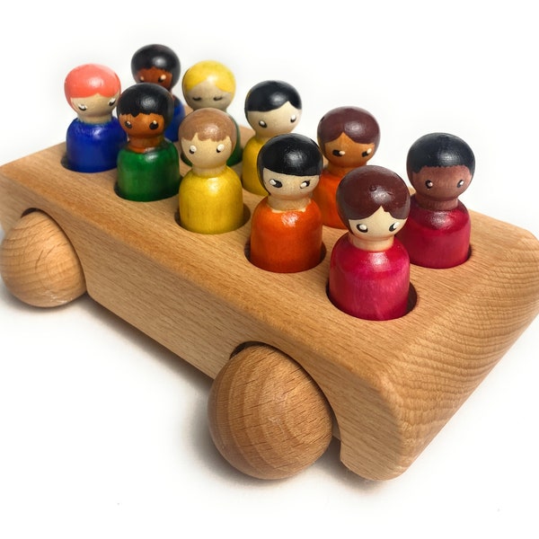 Wooden toy bus with 10 peg people passengers push and pull vehicle vintage style gift for toddlers and kids Free personalization!