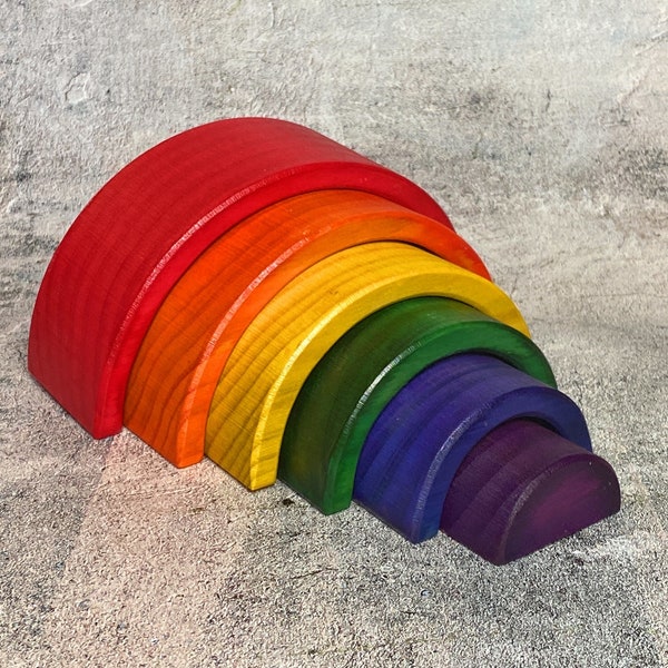 Wooden rainbow nesting toy large 6 pieces stacker open ended fun for classroom and nursery hand dyed unique educational gift for toddlers