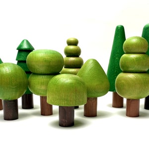 Colorful Wooden Trees for Small World Play – Waldorf Inspired Toy Trees – Montessori Open-Ended Play  – Peg Doll Accessories