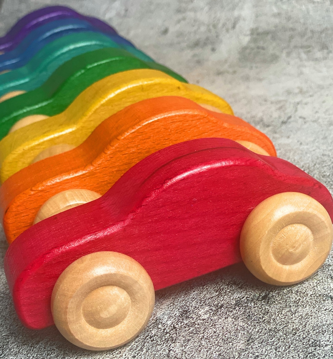 Colorful Wooden Toy Race Car Push and Pull Vehicle Vintage Retro Style