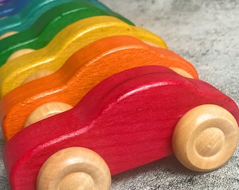 Colorful wooden toy race car push and pull vehicle vintage retro style gift for toddlers and kids