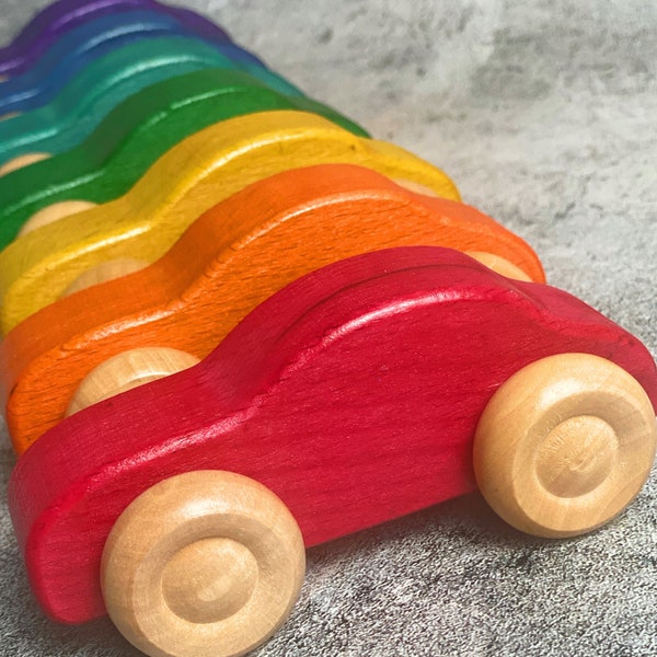 Colorful wooden toy race car push and pull vehicle vintage retro style gift for toddlers and kids