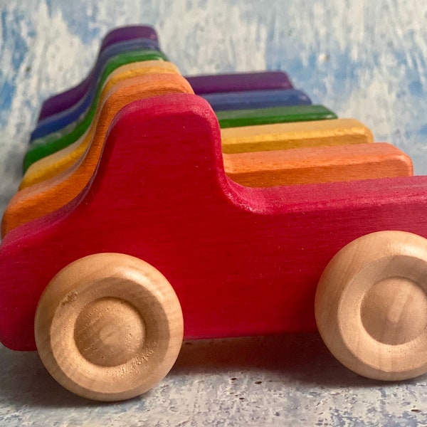 Colorful wooden toy car push and pull vehicle vintage retro style gift for toddlers and kids Pick up truck