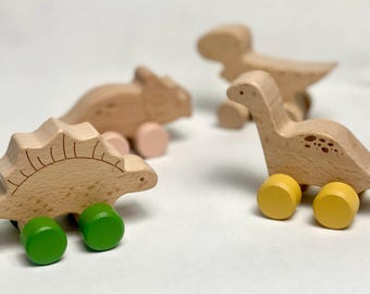 Wooden Dinosaur Push Toys: Montessori Beech Wood Dino Cars
