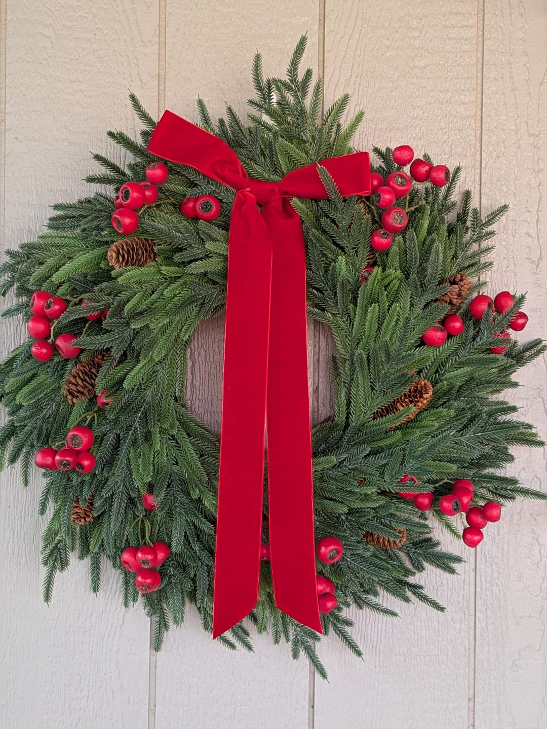 Norfolk Pine Winter Berries Pinecones Red Velvet Bow Christmas Wreath ...