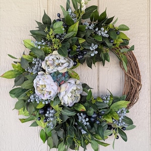 Spring Peony Eucalyptus and Berries Wreath for Front Door - Summer Porch Decor - Spring Home Decor - Mothers Day Gift - Housewarming Gift