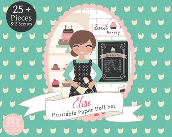 Printable Paper Doll - Easy Craft - Elise - Paper Play Bakery Set - Digital Download
