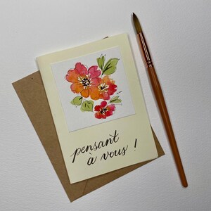 Hand painted thinking of you card/French card/je pensant a vous/4 by 5.5 inches/choice of envelope.
