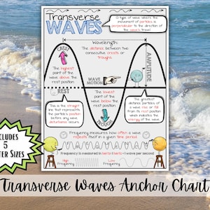 May include: Educational poster titled "Transverse Waves Anchor Chart" with diagrams explaining wave properties like wavelength and amplitude. Includes text and illustrations, with a green starburst graphic that says "Includes 5 Poster Sizes".