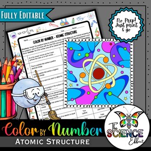May include: An educational resource for science, titled "Color by Number - Atomic Structure." The image shows a worksheet with questions, a colourful atom diagram, and a pencil holder. The text "Fully Editable" is visible.