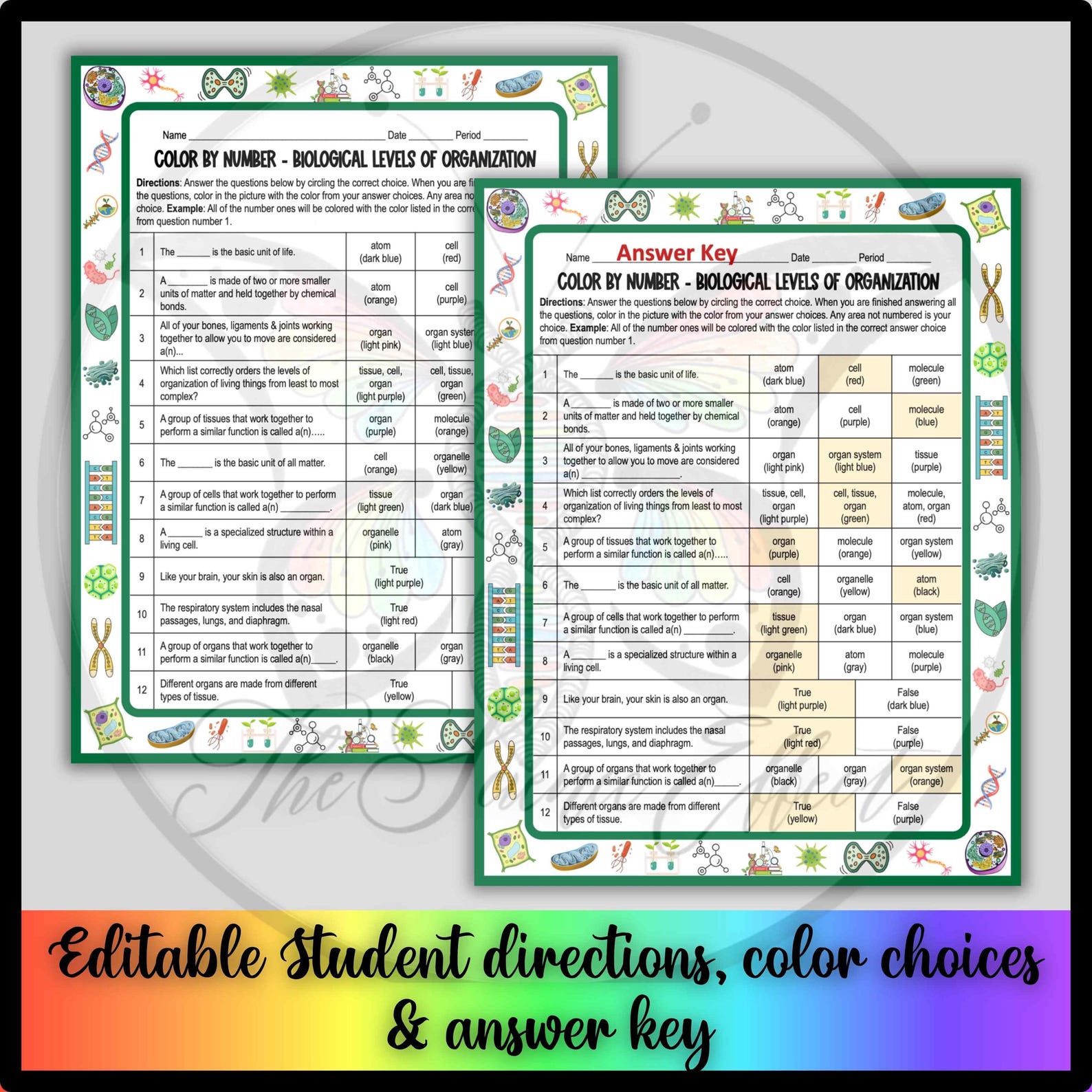 Biology Color by Number Worksheet: Biological Levels of Organization ...