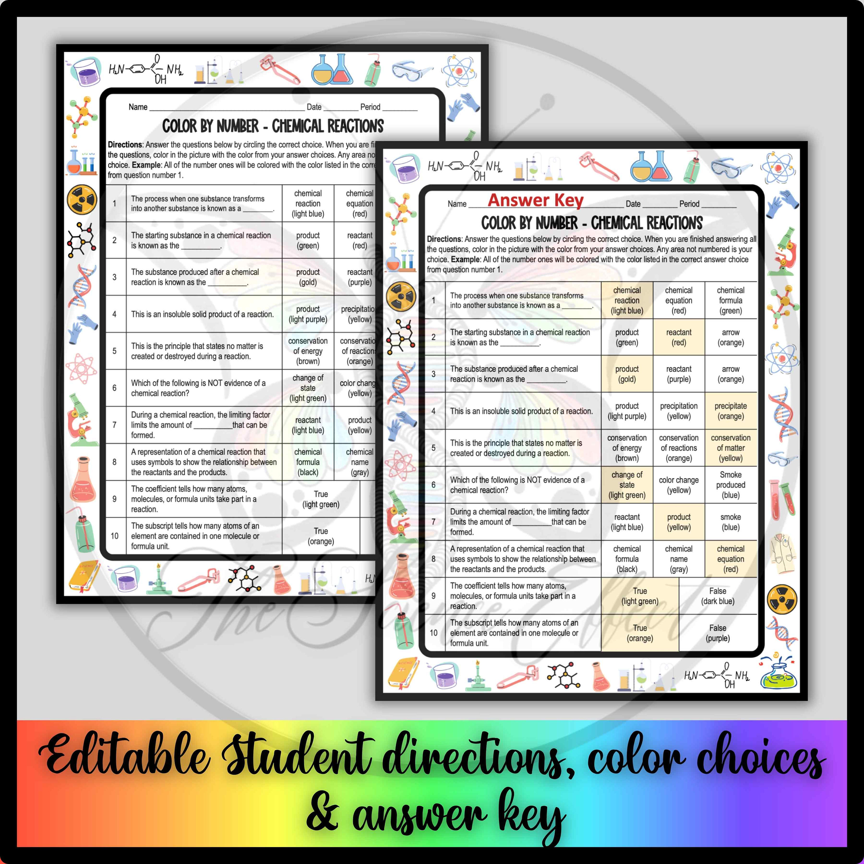 Chemical Reactions Color by Number Worksheet: Science Activity (PDF ...