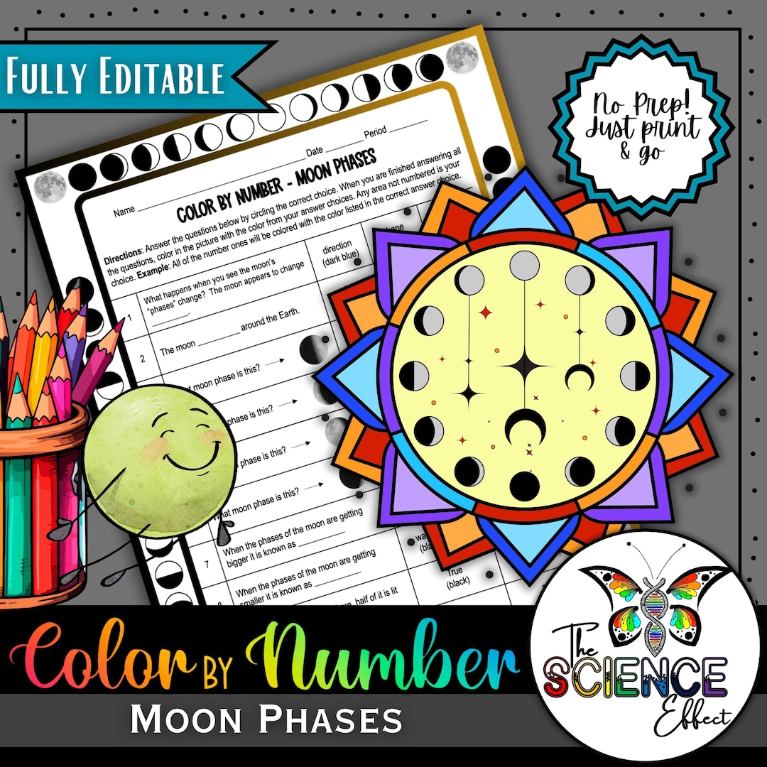 Moon Phases Color by Number Worksheet: Lunar Cycle Science Activity ...