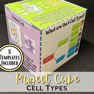 Op de afbeelding: Een kubusvormig educatief project getiteld "Project Cube Cell Types". De kubus bevat diagrammen van dierlijke en plantaardige cellen, samen met de tekst "What are the 6 Cell Types?" en "8 Templates Included."