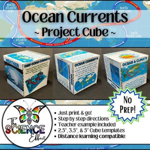 May include: Three white cubes with educational graphics about ocean currents, weather, and climate. The cubes have text that reads "Ocean Currents Project Cube." Additional text includes "Just print & go!" and "No Prep!"