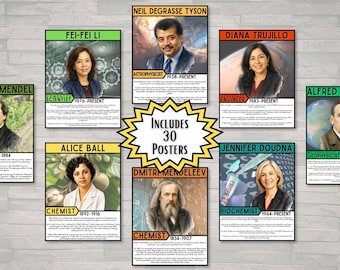 Famous Scientists Posters Classroom Decor | Science Wall Art | STEM Bulletin Board | Middle School Science Posters | 30 Printable Posters