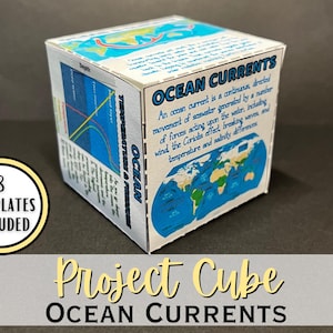 May include: A white cube with educational graphics about ocean currents. The cube features diagrams, a world map, and the text "OCEAN CURRENTS." The cube also includes the text "8 TEMPLATES INCLUDED" and "Project Cube."
