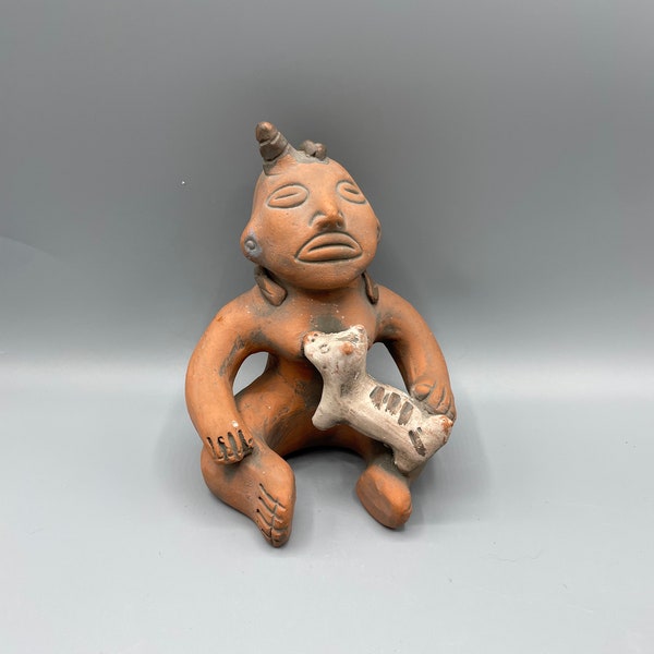 Vintage Pre-Columbian Woman Nursing Dog Figurine Tlatilco Pottery