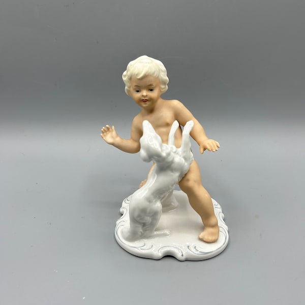 Schaubach Kunst Putti Boy with Borzoj Greyhound Steiner Wallendorf Porcelain Figurine