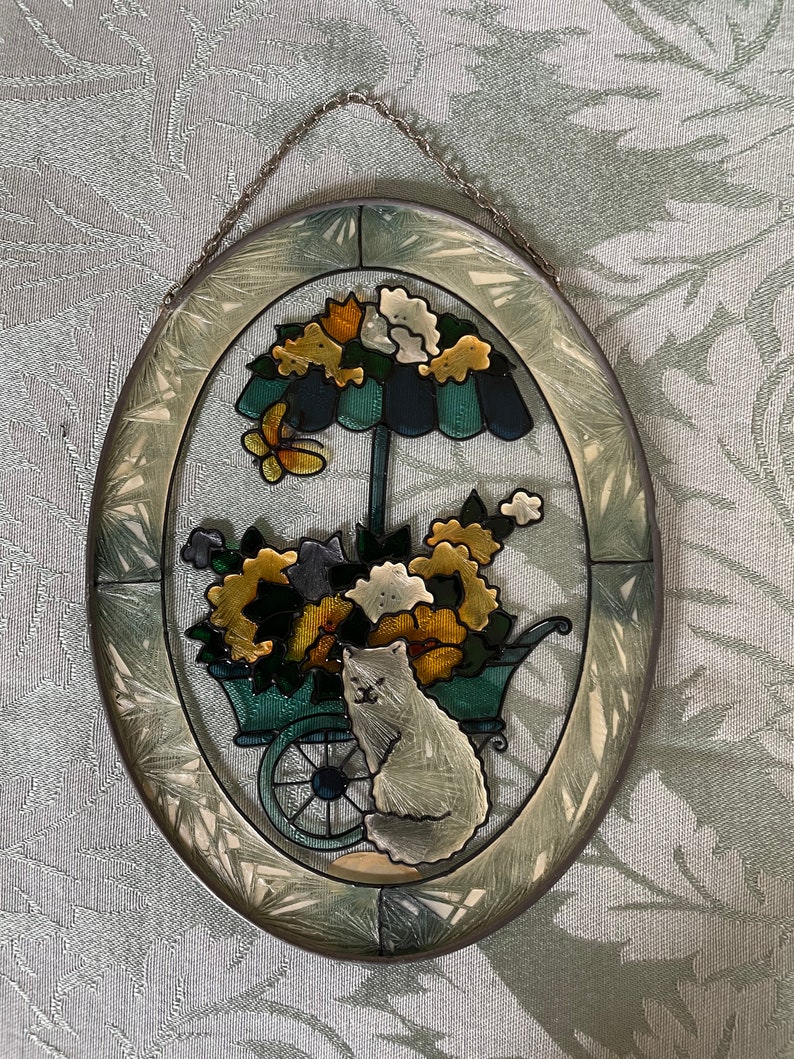 Joan Baker Designs Cat Flower Cart Hand Painted Glass Oval Suncatcher