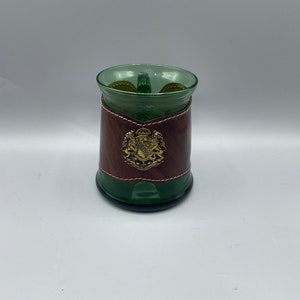 Italian Glass Beer Mug Emerald Green Hand-Blown Leather Collar