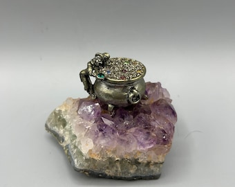 Pewter Leprechaun Figurine with a Pot of Treasure on Amethyst Quartz Cluster