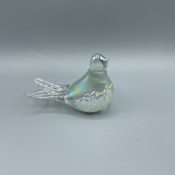 Murano Silvestri Iridescent White Speckled Art Glass Bird Figurine Paperweight