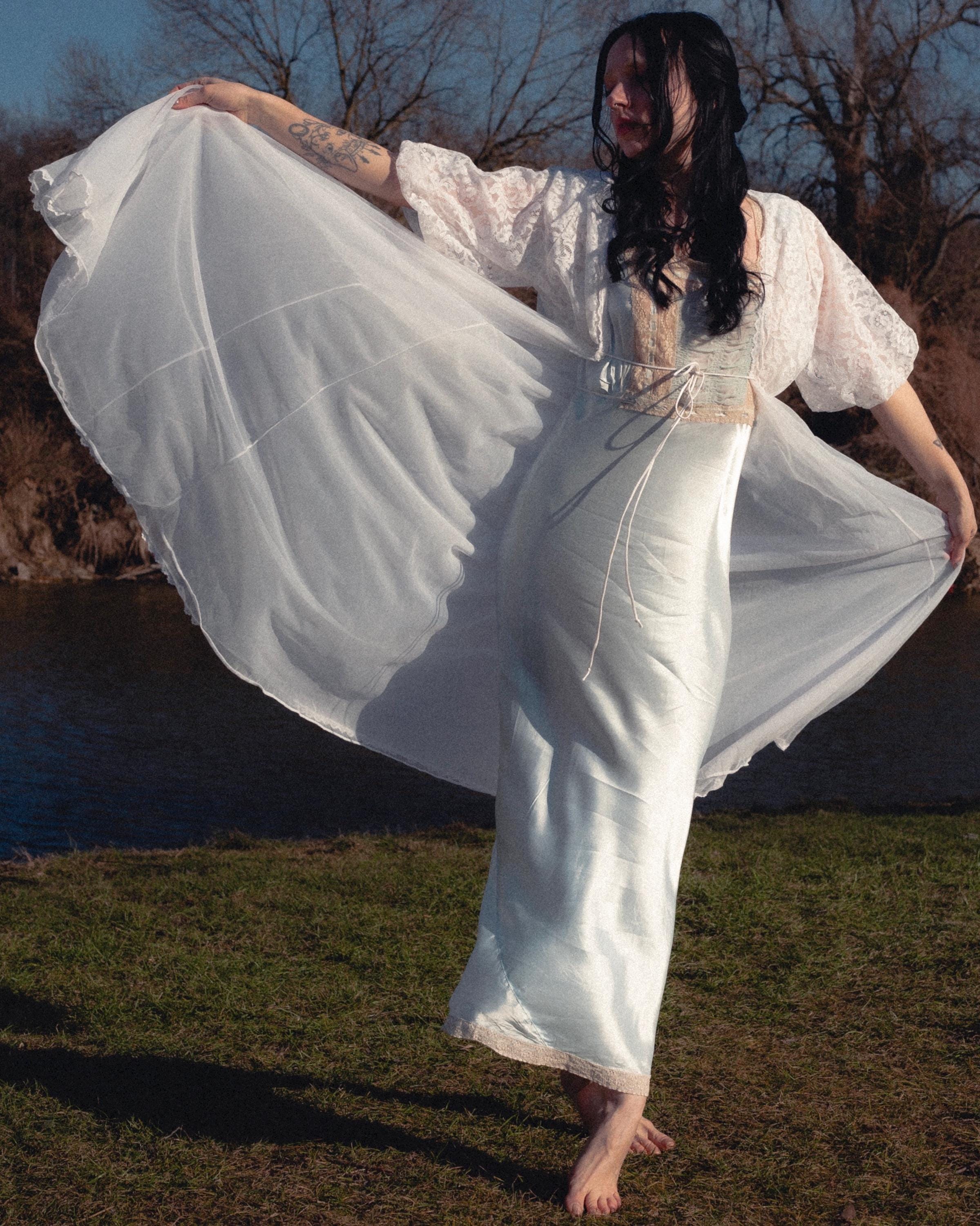 【70-80s USAヴィンテージ】ILGWUタグ ウェディングドレス 長袖 Vintage 70's ILGWU Union Made USA Victorian Style Maxi Formal