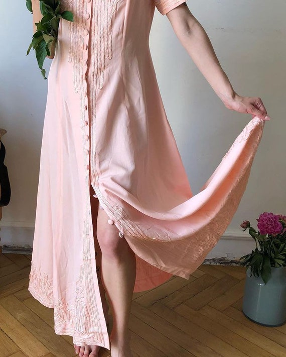 chinese dress ladies Pink Button Down Cotton Flax Knee Length Formal Dress 70