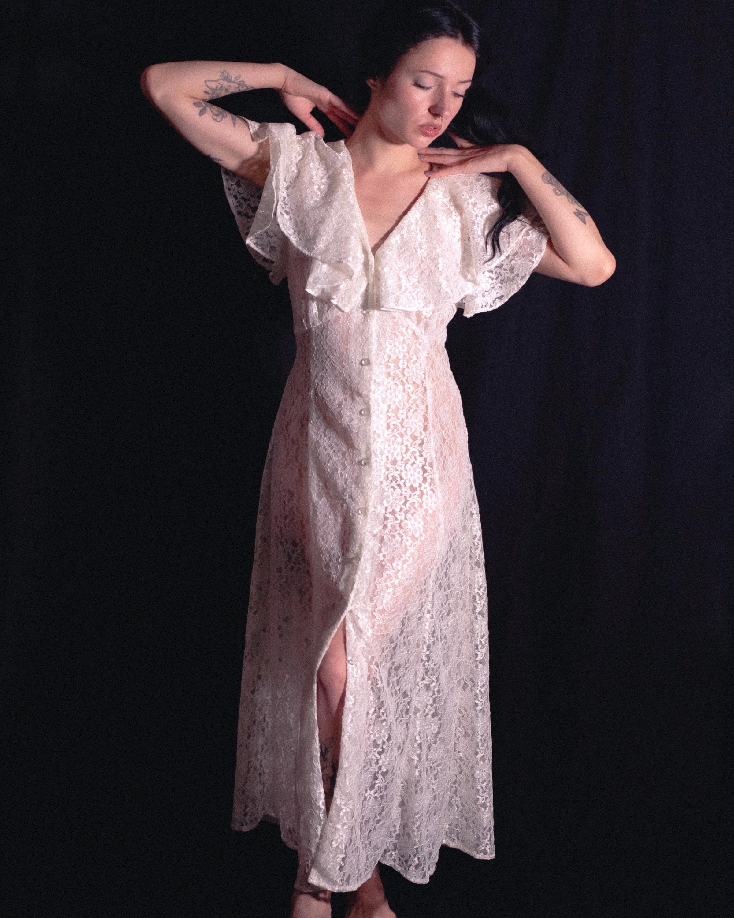 Vintage White Lace Maxi Dress – Button Down, Ruffled Collar, Sheer Floral Lace, Lace-Up Back