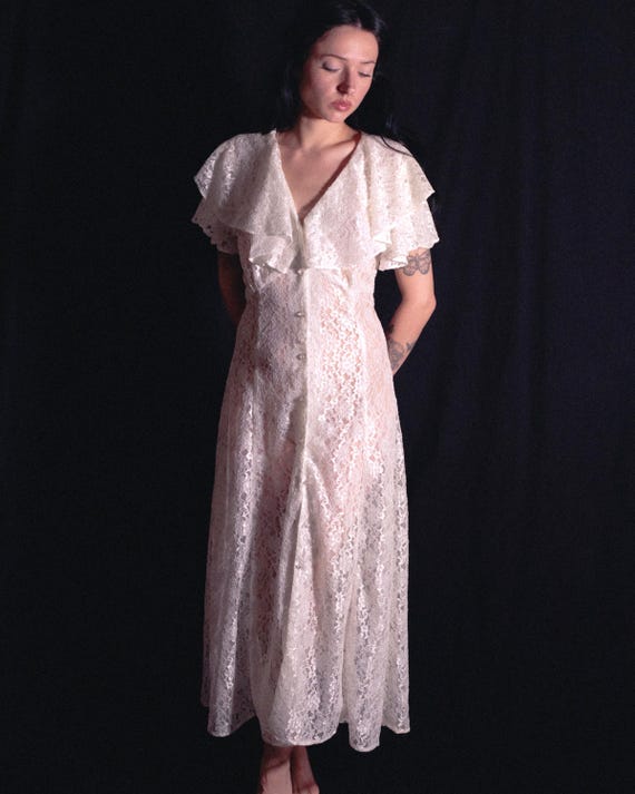 Vintage White Lace Maxi Dress Button Down, Ruffled Collar, Sheer Floral Lace, Lace-up Back - Etsy Vintage White Lace Maxi Dress Button Down, Ruffled Collar, Sheer Floral Lace, Lace-up Back - Etsy