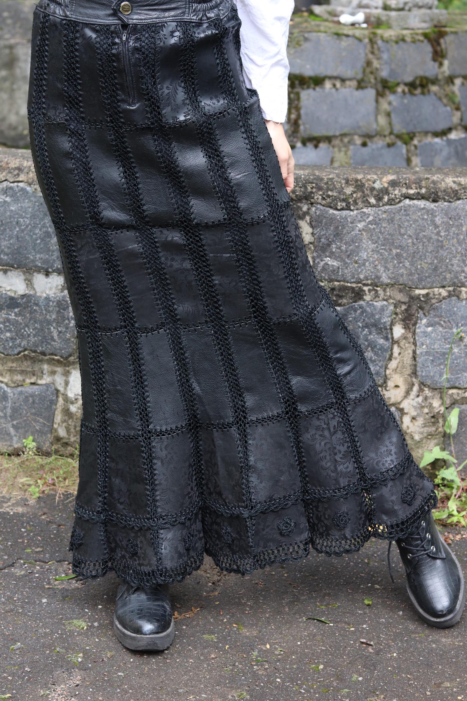 Vintage Brown Back Slit Low Waist Leather Maxi Skirt