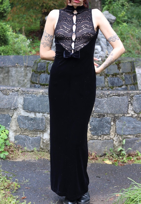 Vintage Long, Maxi Evening Black Velvet Gown With Lace Details - Etsy