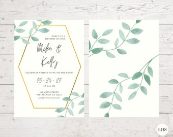 Greenery Wedding Invitation, Gold & Greenery Invitation, Wedding Invitation, Digital Download Wedding Invitaiton, Digital Download, Custom