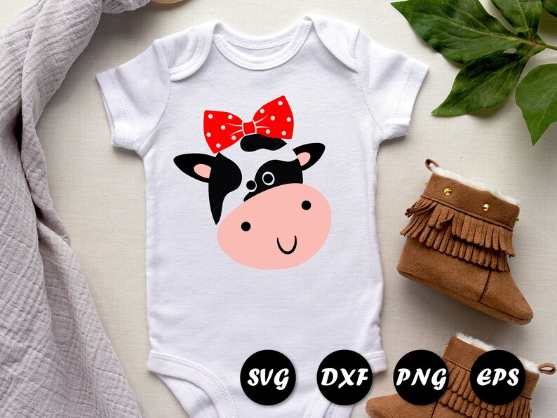 Cow face svg with bow Cute cow svg Cow svg design Baby cow ...