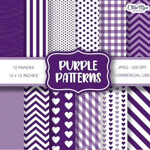 May include: Twelve digital paper patterns in purple and white. The patterns include stripes, polka dots, gingham, hearts, and chevron. The text "PURPLE PATTERNS" is in a purple banner at the top of the image. The text "12 PAPERS 12 x 12 INCHES" is in a white banner at the bottom of the image. The text "JPEG - 300 DPI COMMERCIAL USE" is in a white banner at the bottom right of the image.
