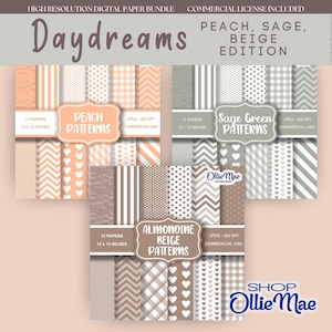 Könnte beinhalten: Digitales Papierbündel mit Pfirsich-, Salbeigrün- und Mandelbeige-Mustern. Jedes Set enthält 12 Papiere, 30,48 x 30,48 cm groß, mit Designs wie Streifen, Herzen und Zickzack. Inklusive kommerzieller Lizenz.