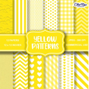May include: Twelve digital paper patterns in yellow with white designs. The patterns include stripes, polka dots, gingham, chevron, hearts, and diagonal stripes. The text "YELLOW PATTERNS" is in a yellow banner with a white border. The text "12 PAPERS 12 x 12 INCHES" is in a white banner with a yellow border. The text "JPEG - 300 DPI COMMERCIAL USE" is in a white banner with a yellow border.