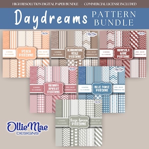 Könnte beinhalten: Ein digitales Papierbündel namens "Daydreams Pattern Bundle" mit Mustern in Pfirsich, Mandelbeige, Marsala-Wein, Brandy-Aprikose, Blue Force und Salbeigrün. Jedes Papier misst 30,48 cm x 30,48 cm.