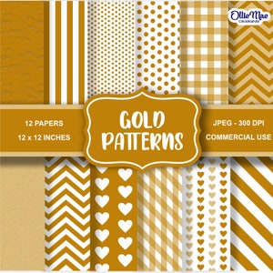 May include: Twelve digital paper patterns in gold and white. The patterns include stripes, polka dots, gingham, hearts, zigzags, and more. The papers are 12 inches by 12 inches and 300 DPI.