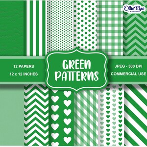 May include: Twelve digital paper patterns in green and white. The patterns include stripes, polka dots, gingham, hearts, chevron, and more. The papers are 12 inches by 12 inches and 300 DPI.