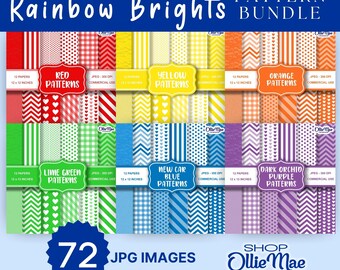 Puede incluir: Un paquete de papel digital llamado "Rainbow Brights" con 72 imágenes JPG. El paquete incluye varios patrones en rojo, amarillo, naranja, verde lima, azul coche nuevo y púrpura orquídea oscura. Cada papel mide 30,48 x 30,48 cm.