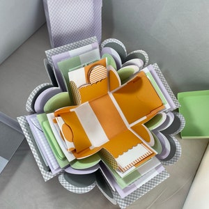 Pode incluir: Uma caixa de explos&atilde;o de v&aacute;rias camadas com um design em forma de cora&ccedil;&atilde;o. A caixa &eacute; feita de papel e apresenta uma variedade de cores e padr&otilde;es, incluindo cinza, branco, verde e laranja. A caixa est&aacute; aberta e as camadas s&atilde;o vis&iacute;veis.